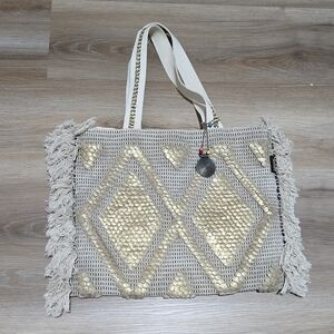 Catori Gold Woven Canvas Fringe Boho Lagenlook Beach Vacation Tote Bag